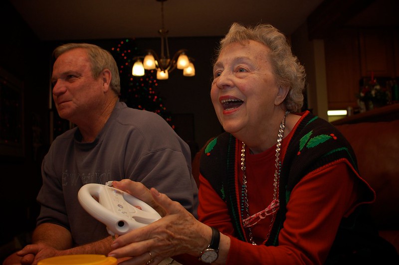 Grandparents enjoying a video game