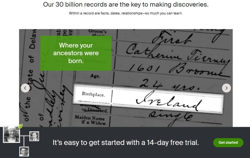 Screenshot of the website Ancestry