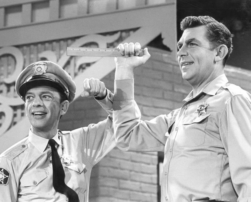 Knotts and Griffith as their characters in a still taken from the October 7, 1965 one-hour variety special The Andy Griffith, Don Knotts, and Jim Nabors Show
