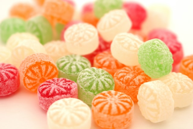 Pink, green, and white sugared candies