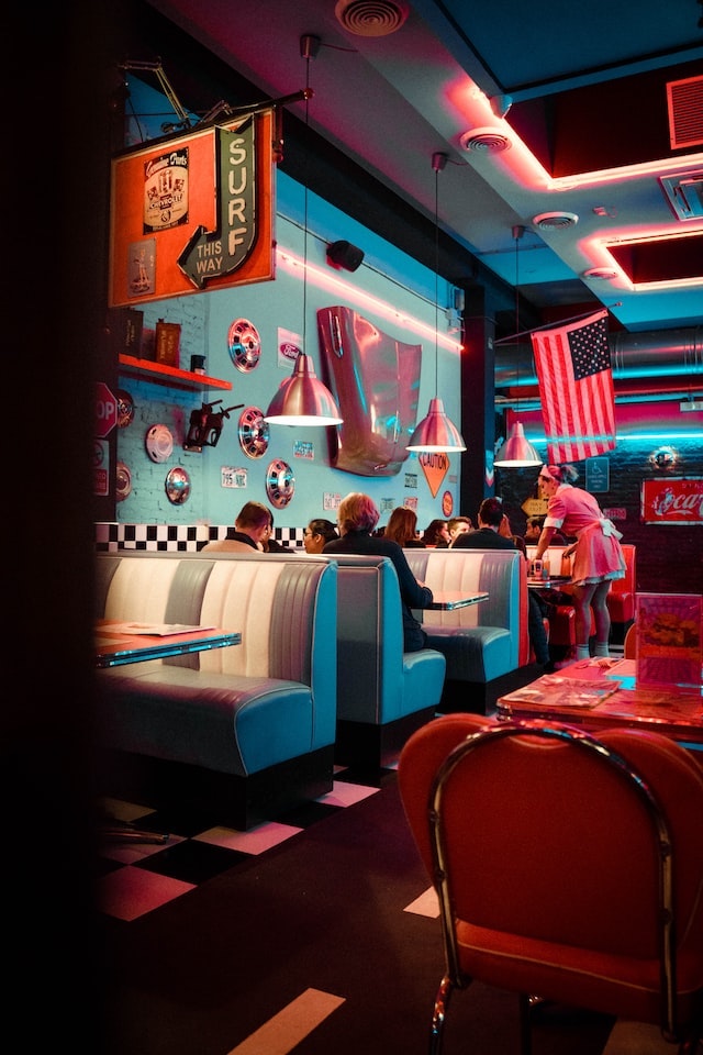 Empty leather sofa in an old diner in America