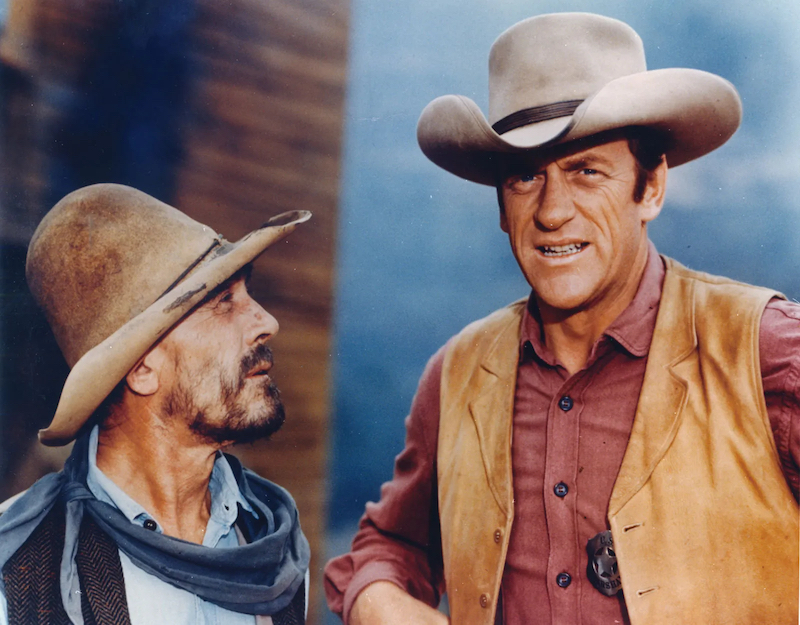 Ken Curtis (left) in the role of Festus Haggen and James Arness as Marshal Matt Dillon in a scene from the television western series Gunsmoke.