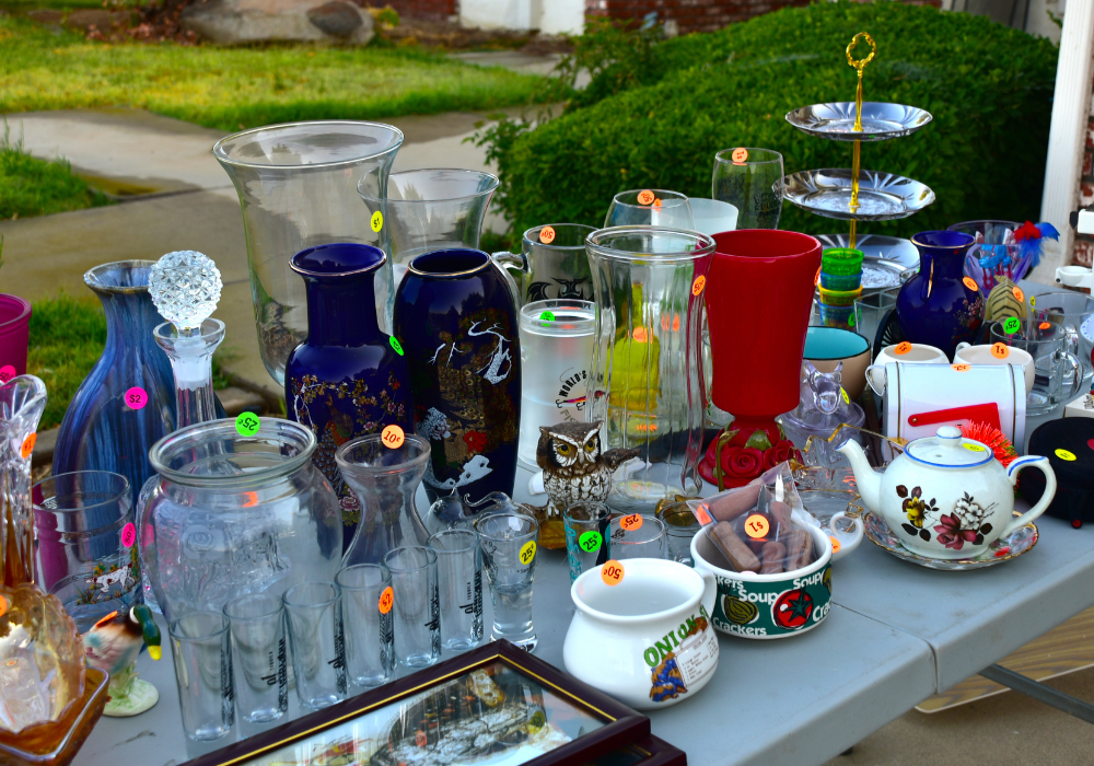 Items priced and displayed at a garage sale